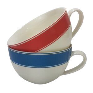 Set of 2 Starbucks Holiday 2006 Red & Blue Banded Mugs Teacups Wide Rim 12 oz